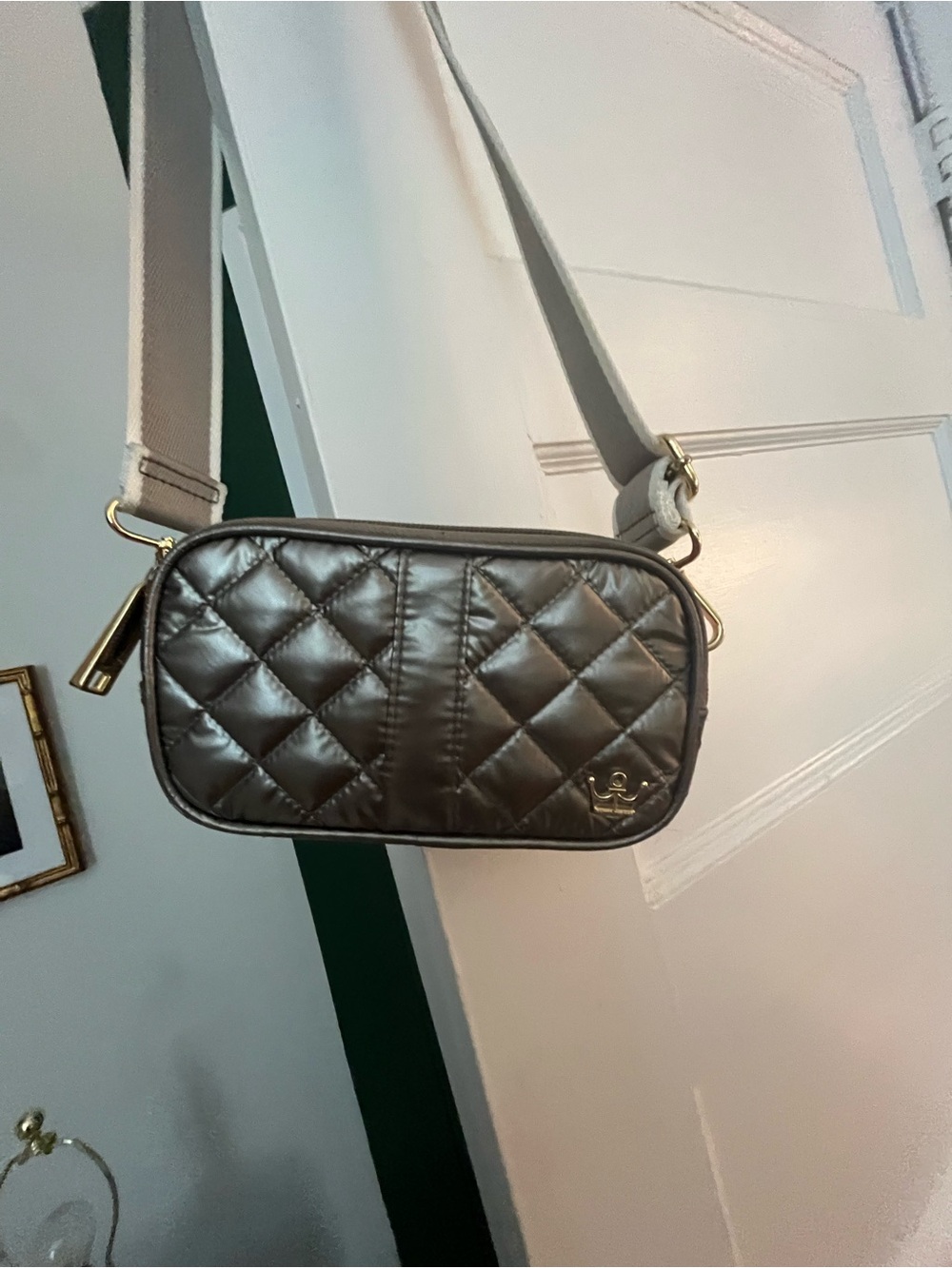 Oliver Thomas Quilted Metallic Taupe Crossbody Bag
